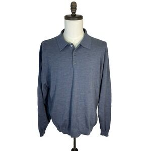Pronto Uomo Sweater Mens XXL Blue 100% Fine Merino Wool Long Sleeve Polo Golf